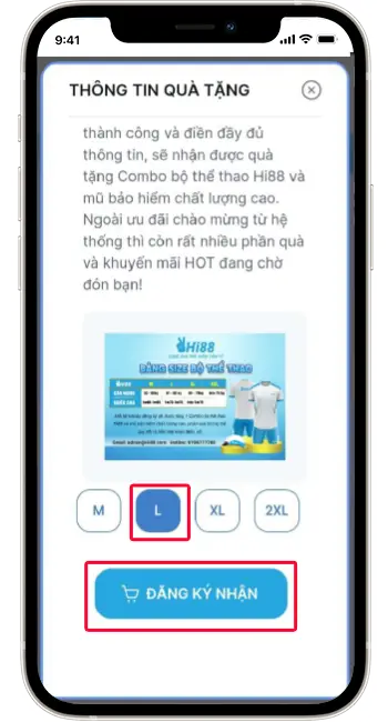 Bước 4: Chọn Size Bộ thể thao phù hợp → Nhấn ĐĂNG KÝ NHẬN